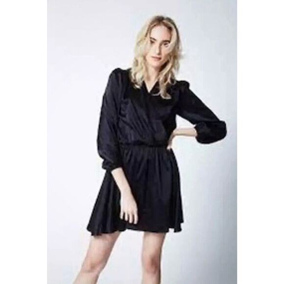 Taylor Tillman Size XS Black Berk Silk Faux Wrap Mini Dress Balloon Sleeve - Picture 1 of 9